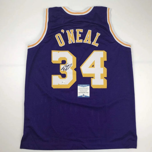 Autographed Shaquille O'Neal Los Angeles LA Purple Basketball Jersey Beckett BAS COA | Hall of Fame Sports Memorabilia | vintageantiquesgifts.com