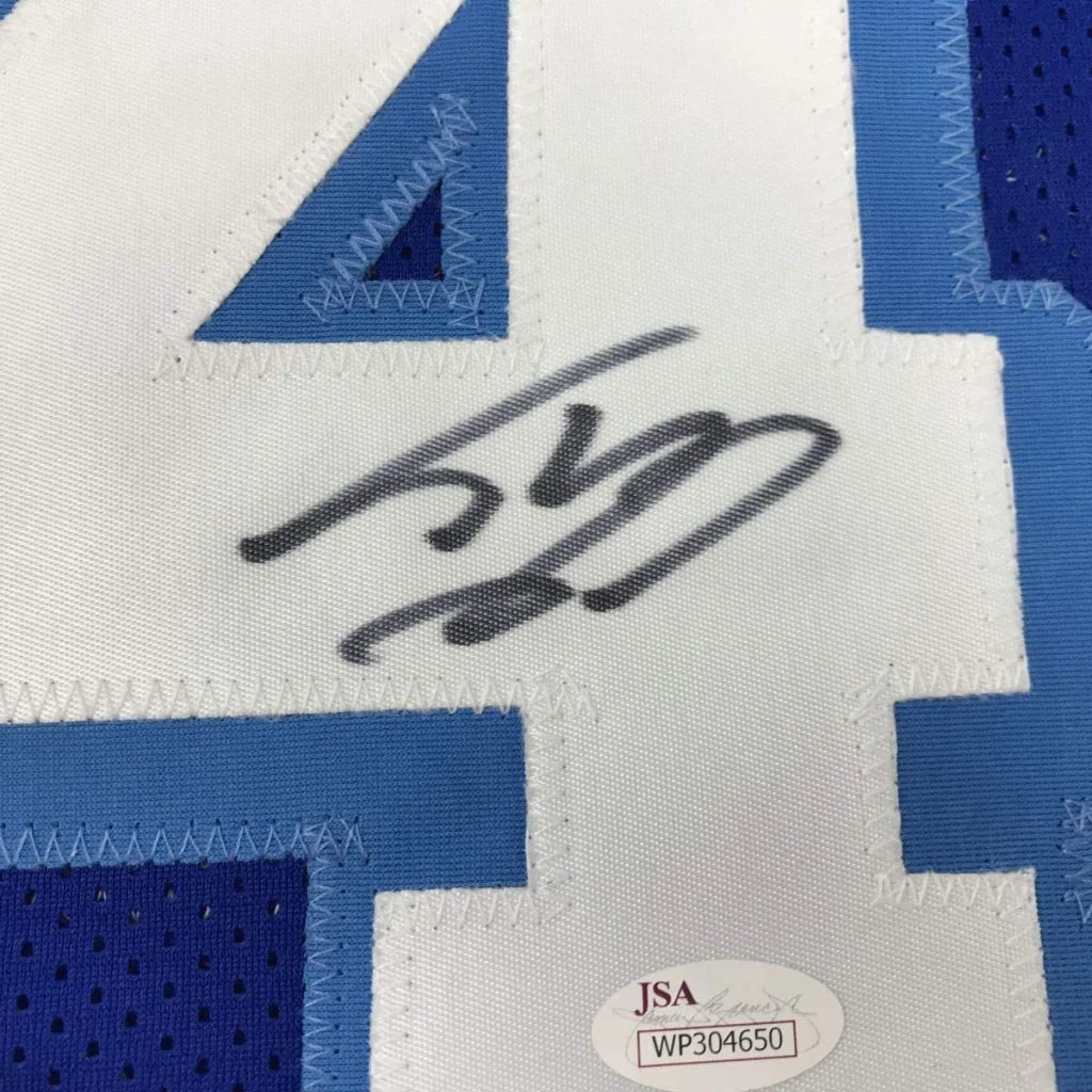 Autographed los angeles la retro blue basketball jersey with stitched number four signed by shaquille shaq oneal for professional sports league