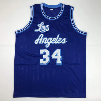 Deep blue mesh custom jersey with white and light blue los angeles lettering and number 34 for professional sports league use