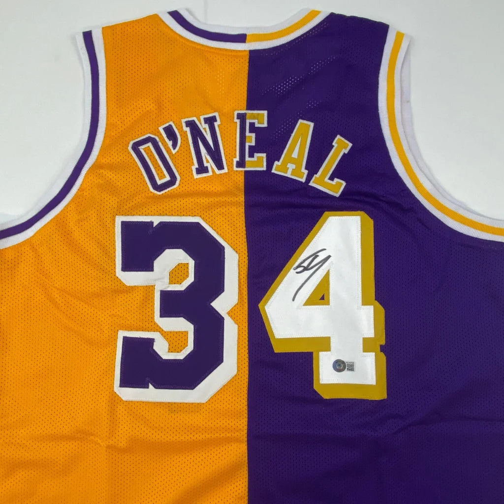 Back of autographed la lakers split custom jersey with o neal 34 in gold mesh and purple for professional sports league