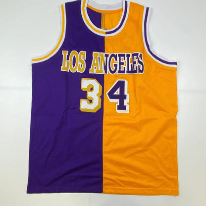 Autographed purple and gold custom basketball jersey with Los Angeles and number 34 for professional sports league use
