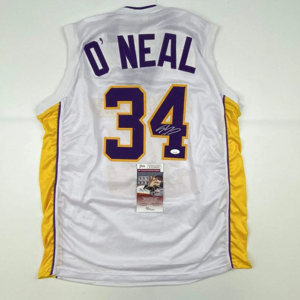 White custom basketball jersey with purple gold trim, autograph, and authentication tag from Professional Sports League Legends