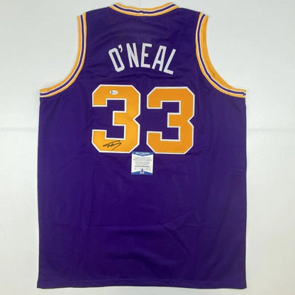 Back of autographed Shaquille ONeal Lakers purple custom jersey with 33, Beckett COA