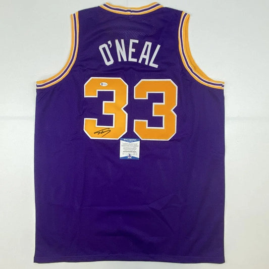 Back of autographed Shaquille ONeal Lakers purple custom jersey with 33, Beckett COA