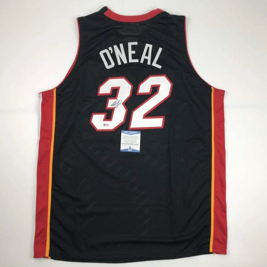 Black Miami Heat Shaquille ONeal custom jersey with autograph and authenticity sticker for professional sports fans