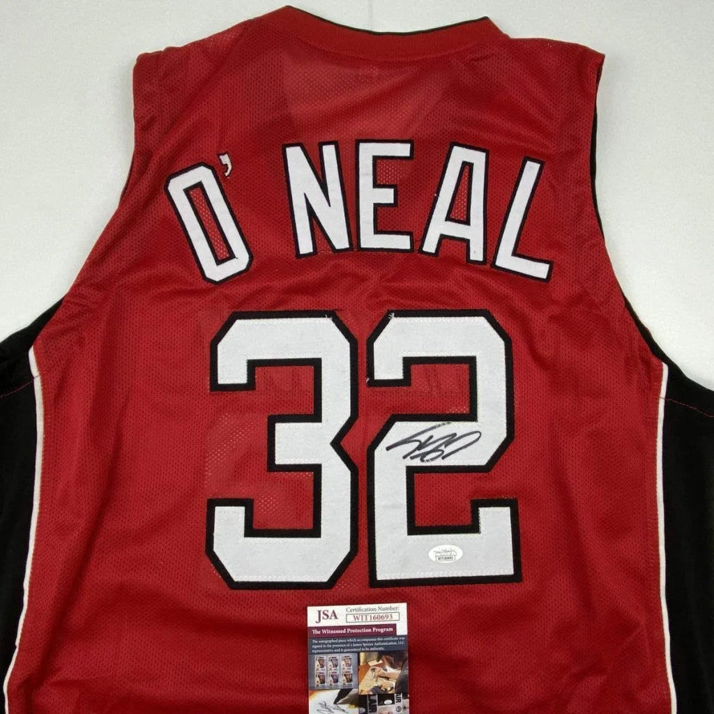 Red professional sports jersey with O NEAL 32 autograph for custom sports collectibles