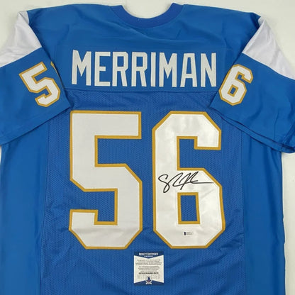 Light blue Merriman 56 custom jersey signed for professional sports league fans