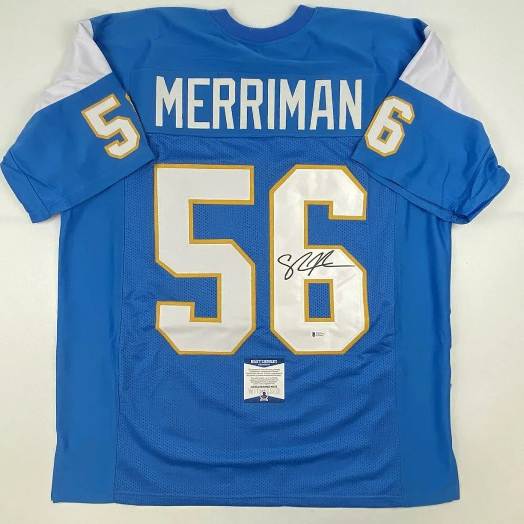 Signed blue Merriman 56 custom jersey from a pro sports league collectible