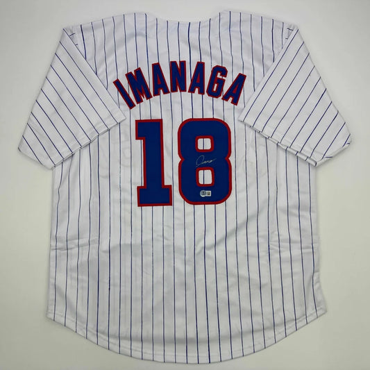 White Chicago pinstripe autographed collectible jersey with imanaga 18 and red blue accents