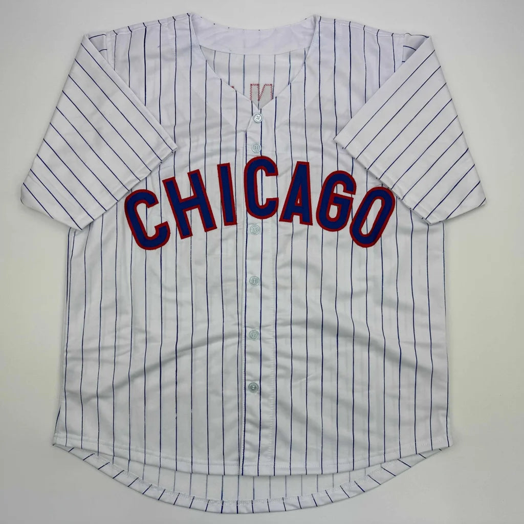White Chicago pinstripe baseball jersey with Shota Imanaga autograph, collectible jersey