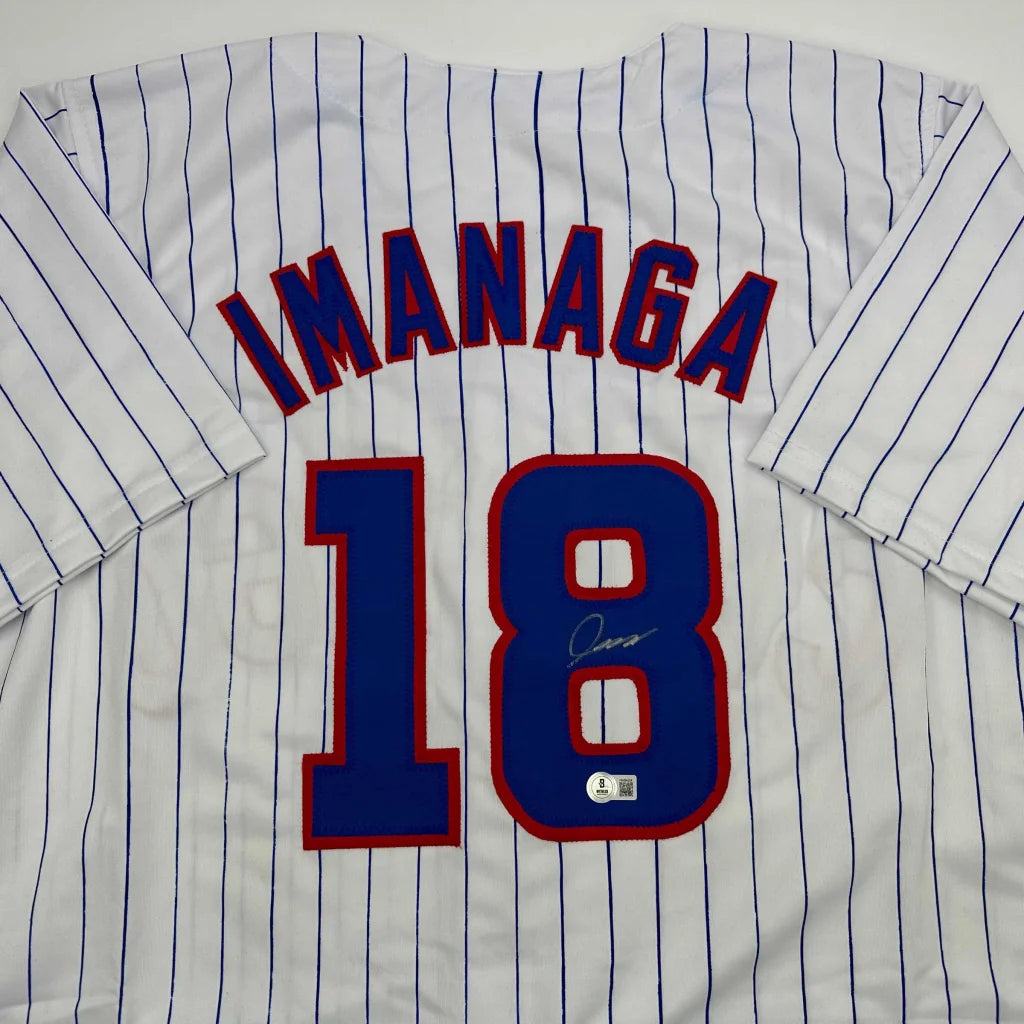 White Chicago pinstripe autographed collectible jersey with shota imanaga signature and 18 number