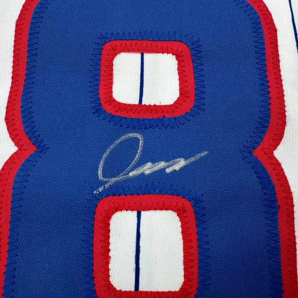 Blue and red Chicago pinstripe autographed collectible jersey of Shota Imanaga with white number 8