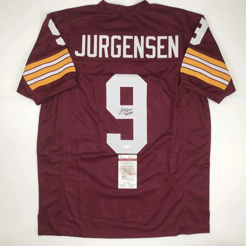 Back of maroon washington football custom jersey with white and gold sleeve stripes featuring jurgensen 9 for professional sports league