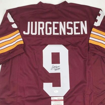 Maroon maroon custom jersey with white number 9 and yellow white sleeve stripes signed by Sonny Jurgensen professional sports league