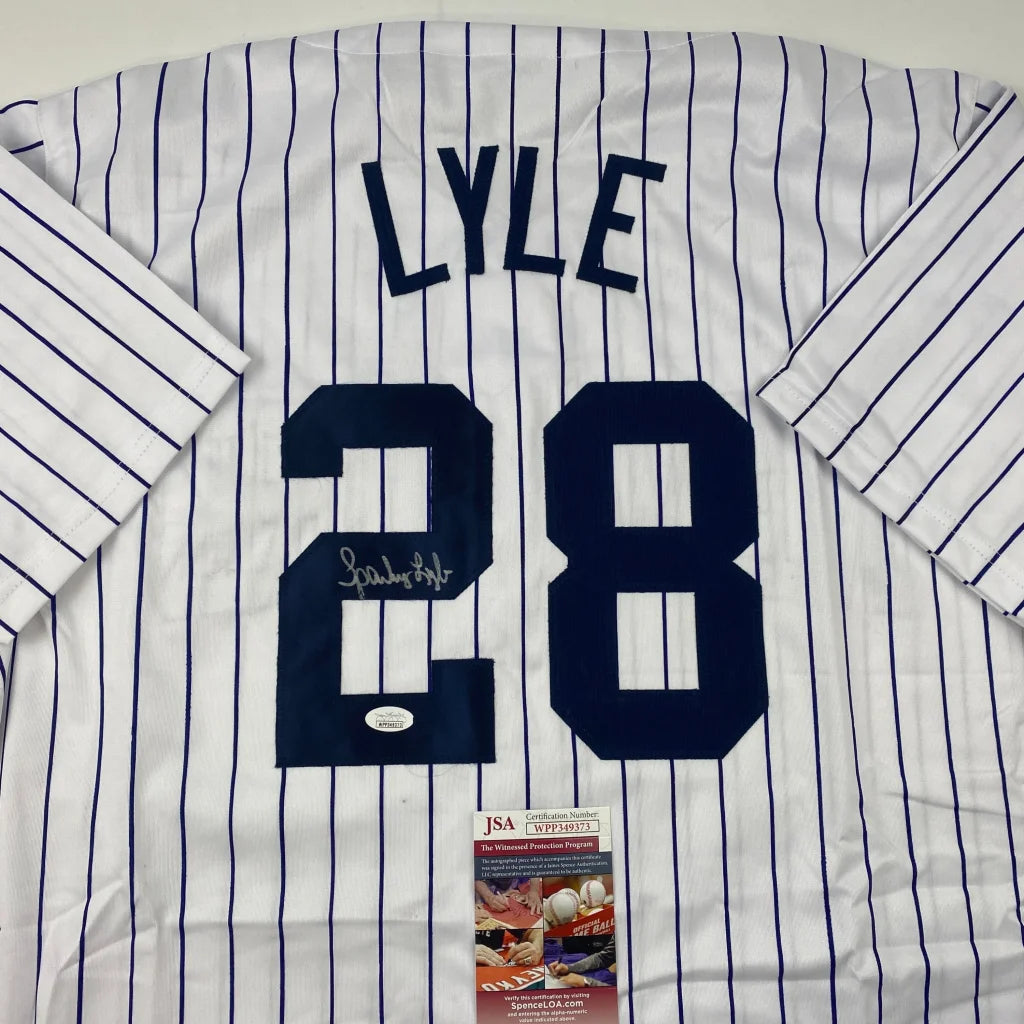 Autographed Sparky Lyle New York Yankees custom pinstripe jersey with name Lyle and number 28