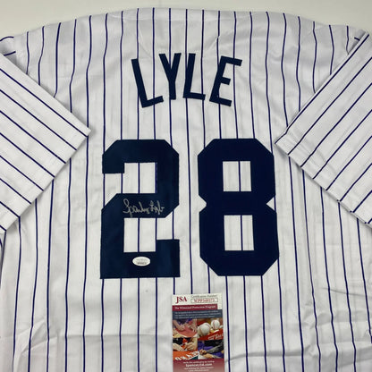 Autographed Sparky Lyle New York Yankees custom pinstripe jersey with name Lyle and number 28
