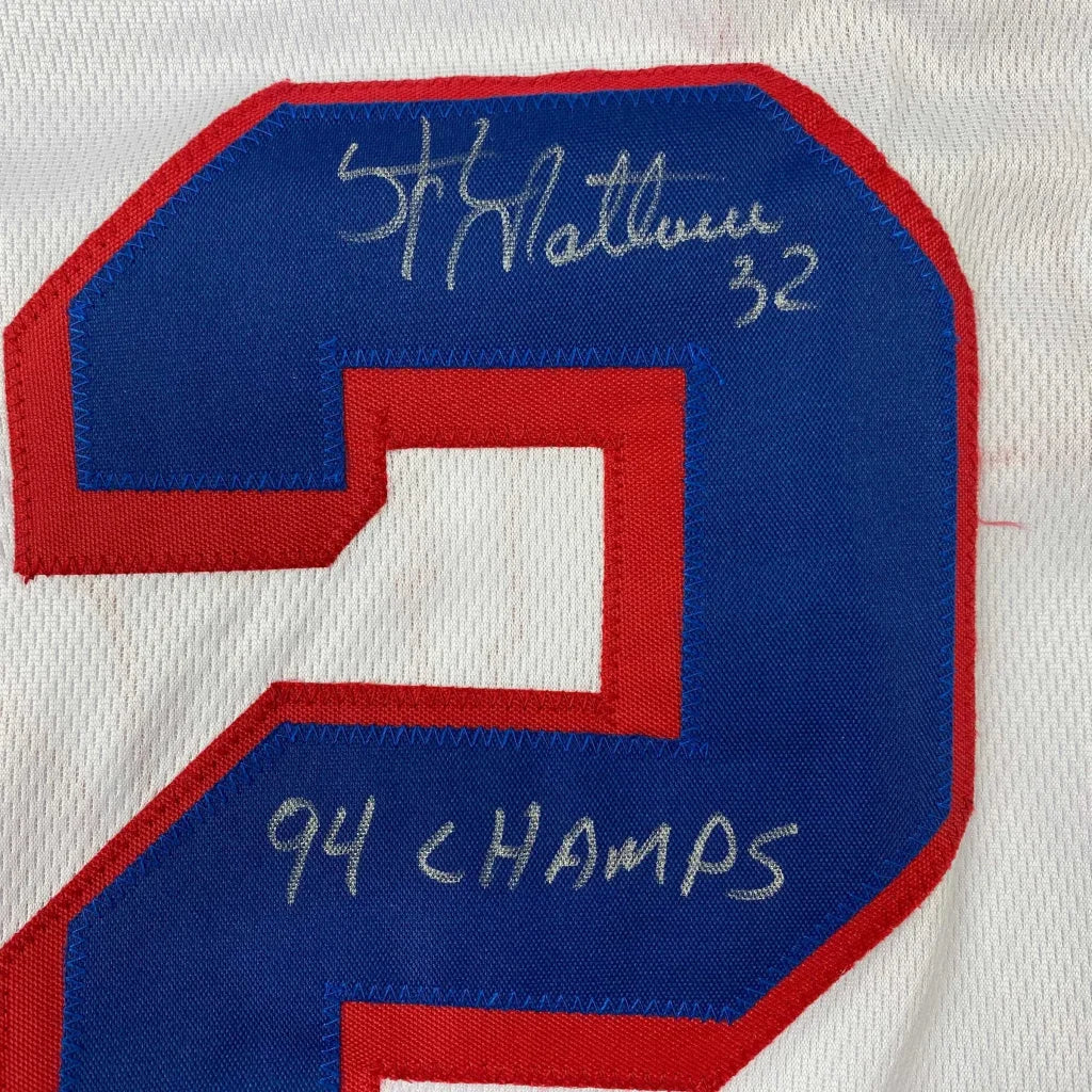 Autographed Stephane Matteau 94 Champs New York Rangers white custom jersey with blue red embroidered 2, JSA COA