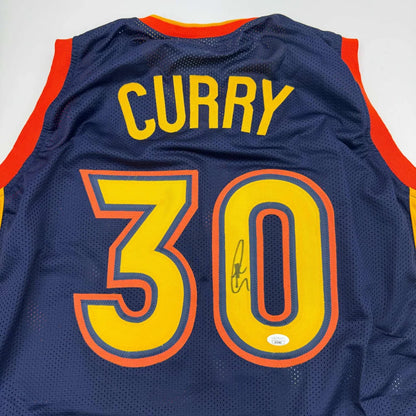 Autographed Stephen Curry navy blue custom jersey with orange trim, number 30