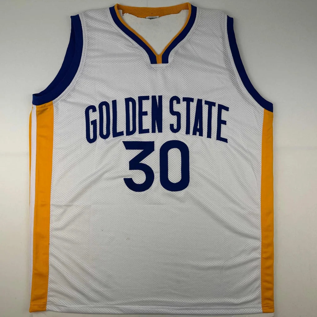 White basketball jersey with blue and gold trim from authentic professional sports league custom jersey