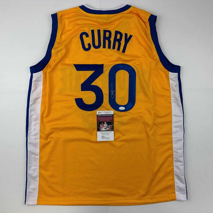 Yellow custom jersey with blue trim, Curry 30 autograph, perfect for sports fans