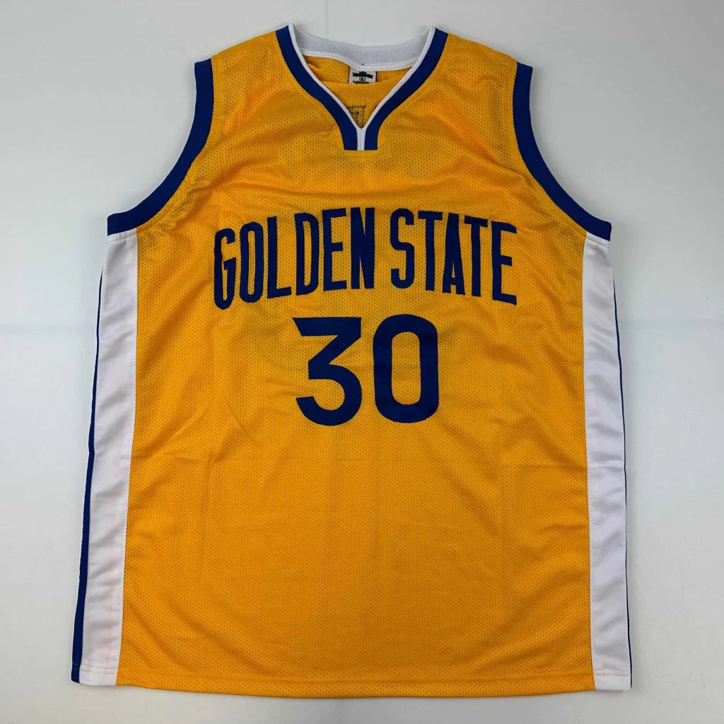 Yellow basketball jersey with blue and white trim from Custom Jersey Curry 30 for professional sports fans