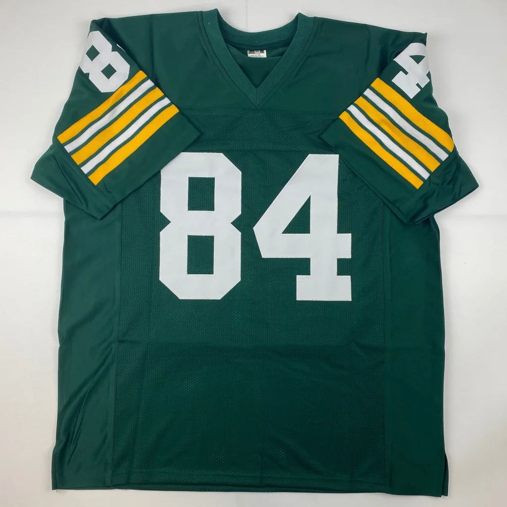 Autographed green bay green football custom jersey with white and yellow sleeve stripes featuring number 84 for professional sports league
