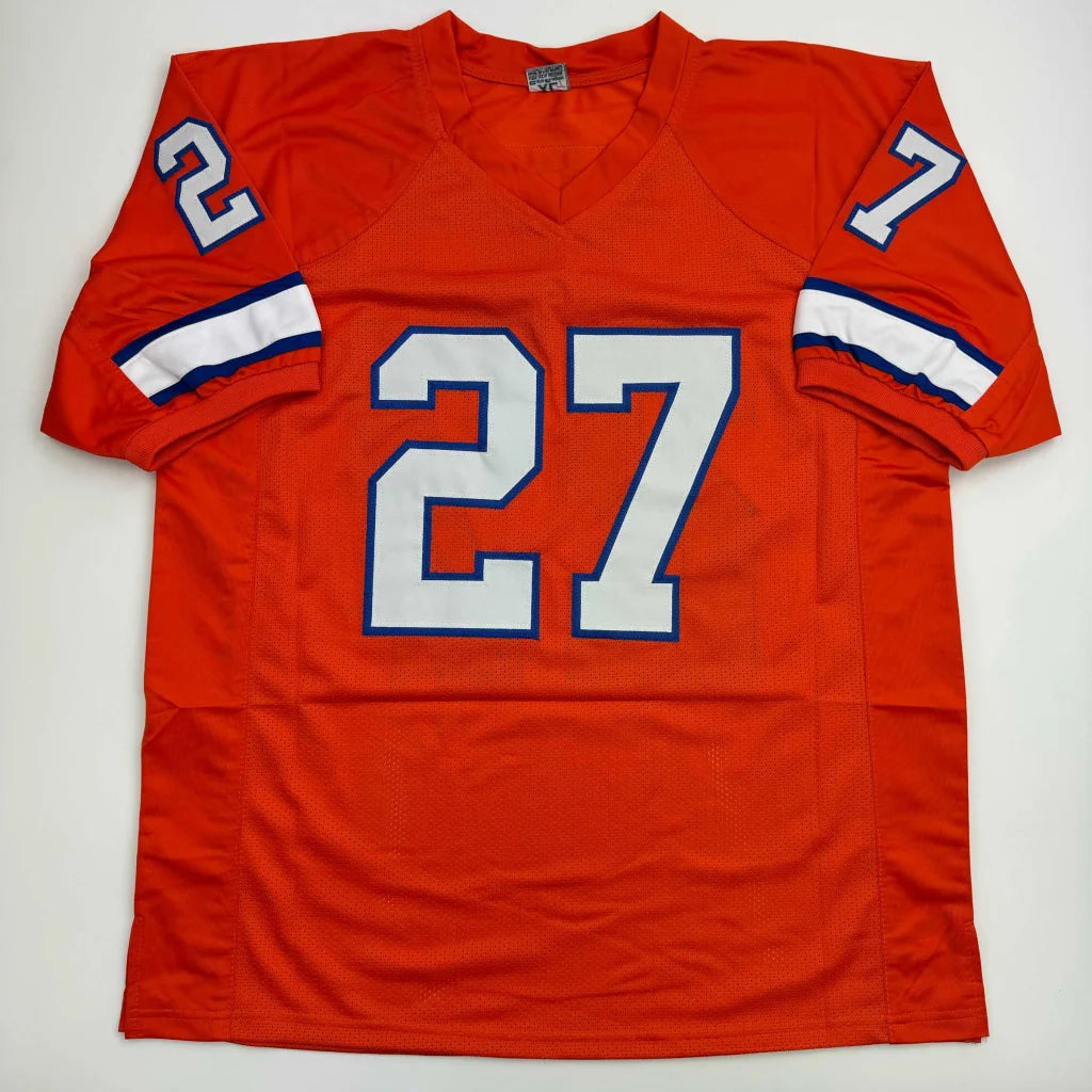 Orange custom jersey with white and blue numbers, perfect for pro sports league fans
