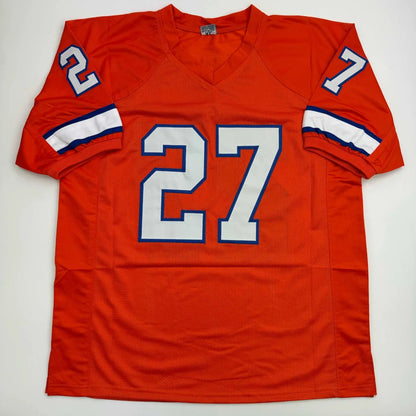 Orange custom jersey with white and blue numbers, perfect for pro sports league fans