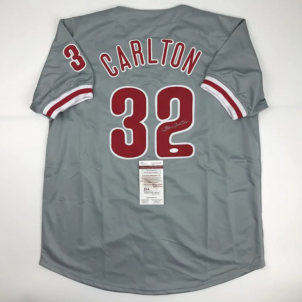 Autographed Steve Carlton Philadelphia Grey Baseball Jersey JSA COA | Hall of Fame Sports Memorabilia | vintageantiquesgifts.com