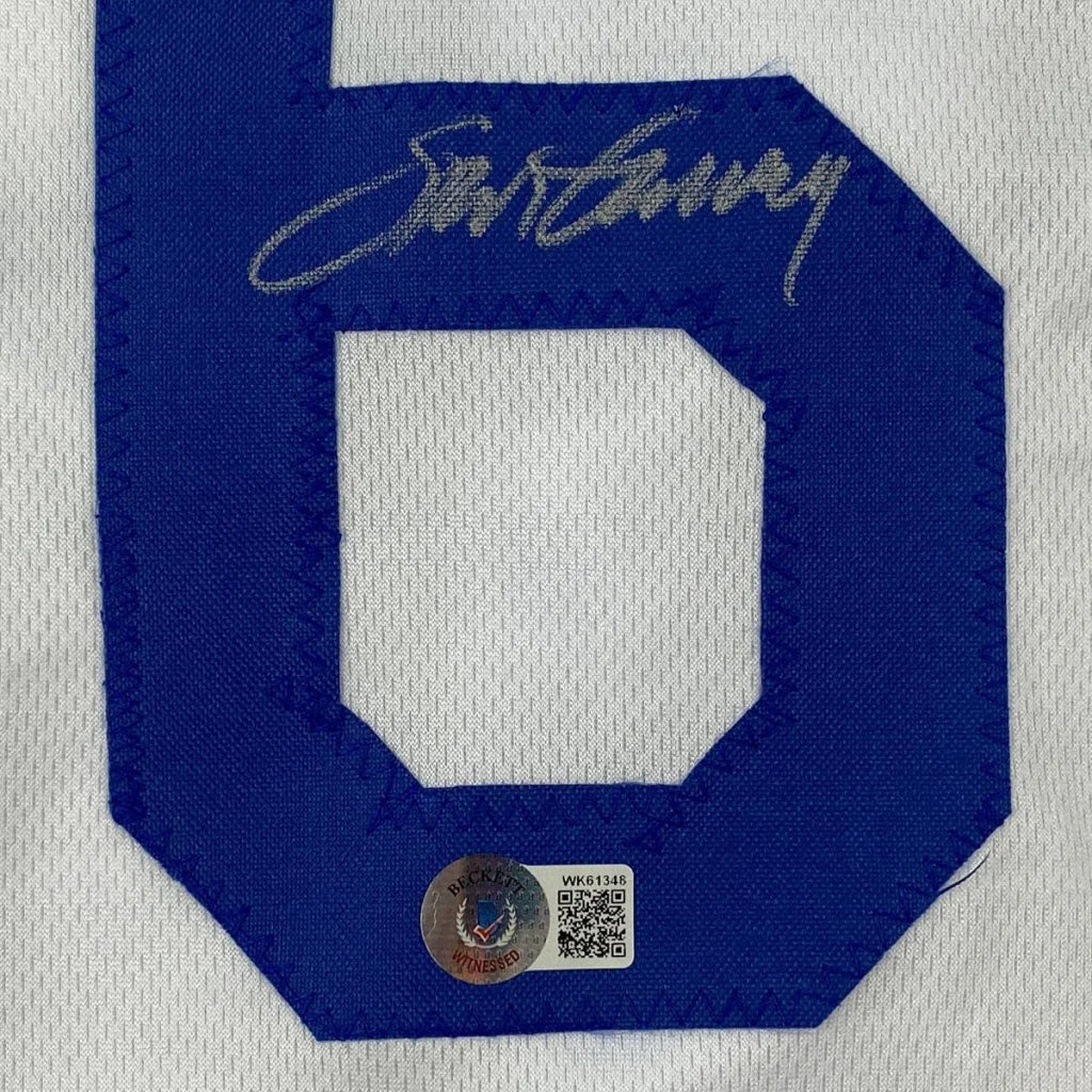 Autographed Steve Garvey LA Dodgers white custom jersey with blue embroidered d and silver signature on mesh