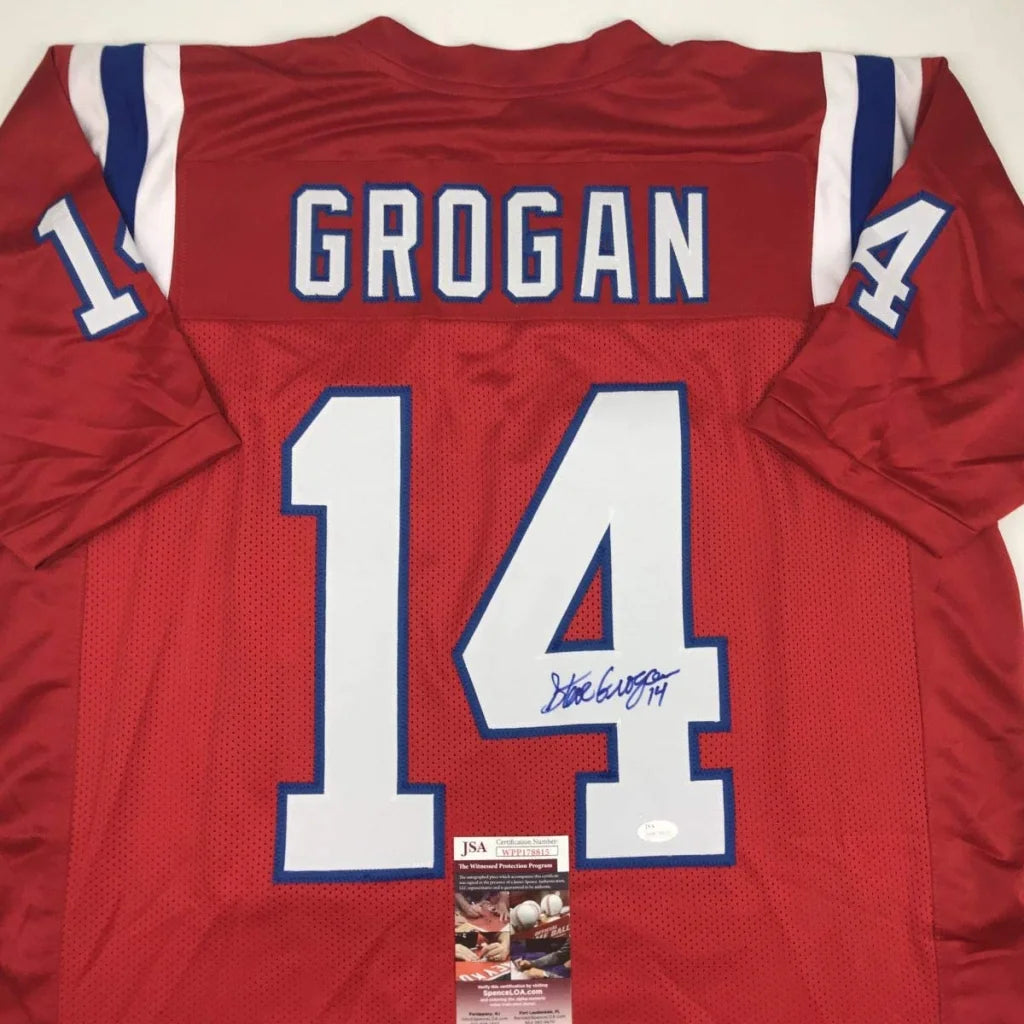Back of red new england patriots custom jersey with white and blue trim featuring grogan 14 for professional sports league fans