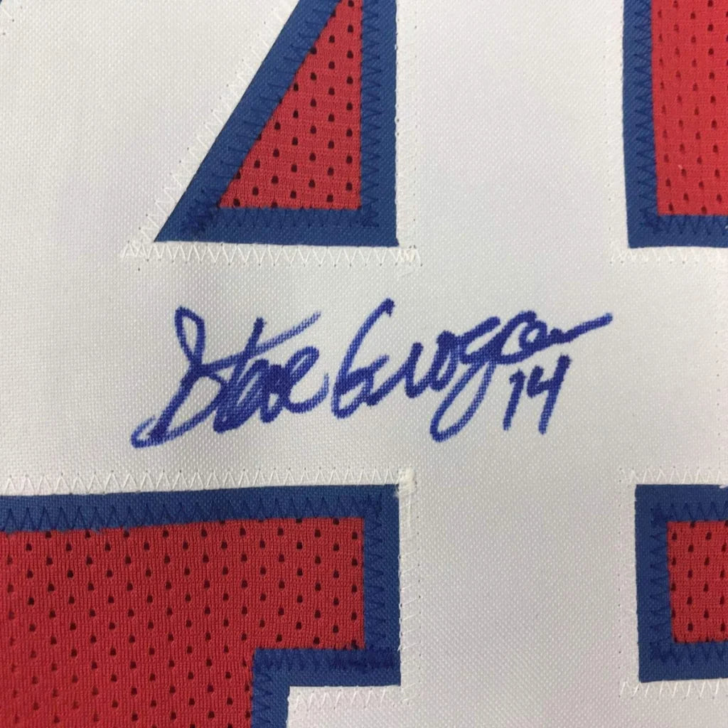 Blue ink signature of steve novak 14 stitched on white red and navy custom jersey in professional sports league style