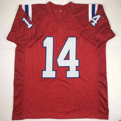 Autographed Steve Grogan New England red custom football jersey with white and blue number 14 and sleeve stripes for professional sports fans