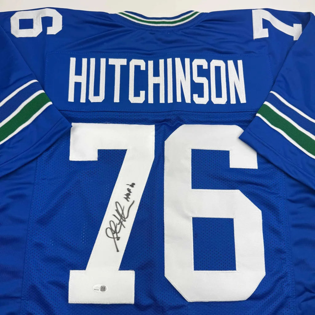 Autographed/Signed Steve Hutchinson HOF 20 Seattle Blue Football Jersey JSA COA