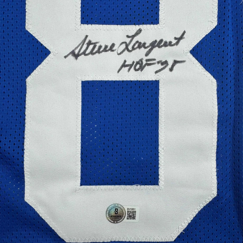 Back of autographed Steve Largent HOF 95 Seattle blue custom football jersey