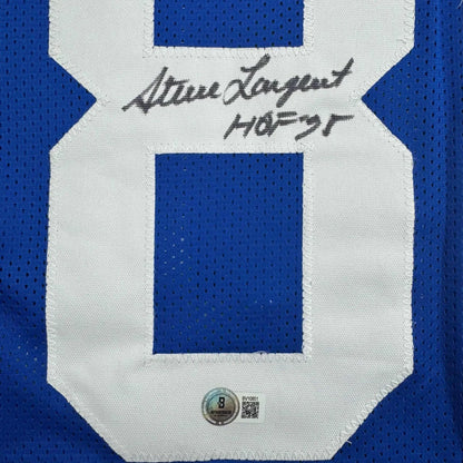 Back of autographed Steve Largent HOF 95 Seattle blue custom football jersey