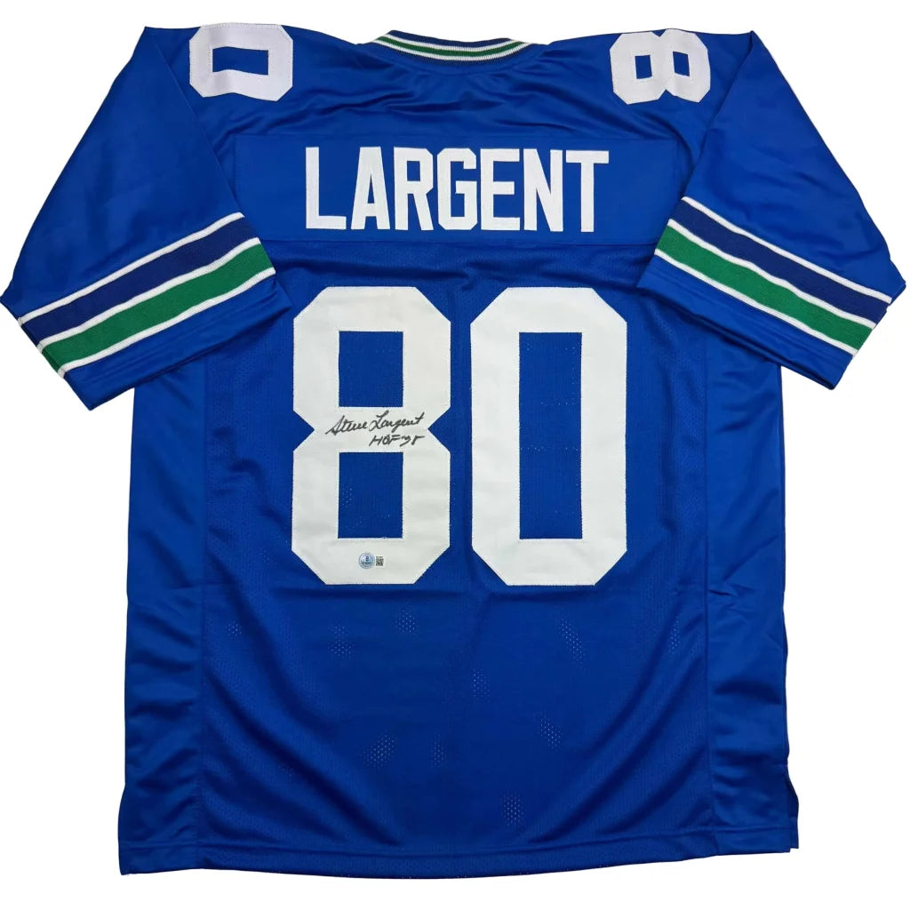Back of autographed Steve Largent HOF 95 Seattle Seahawks blue custom jersey