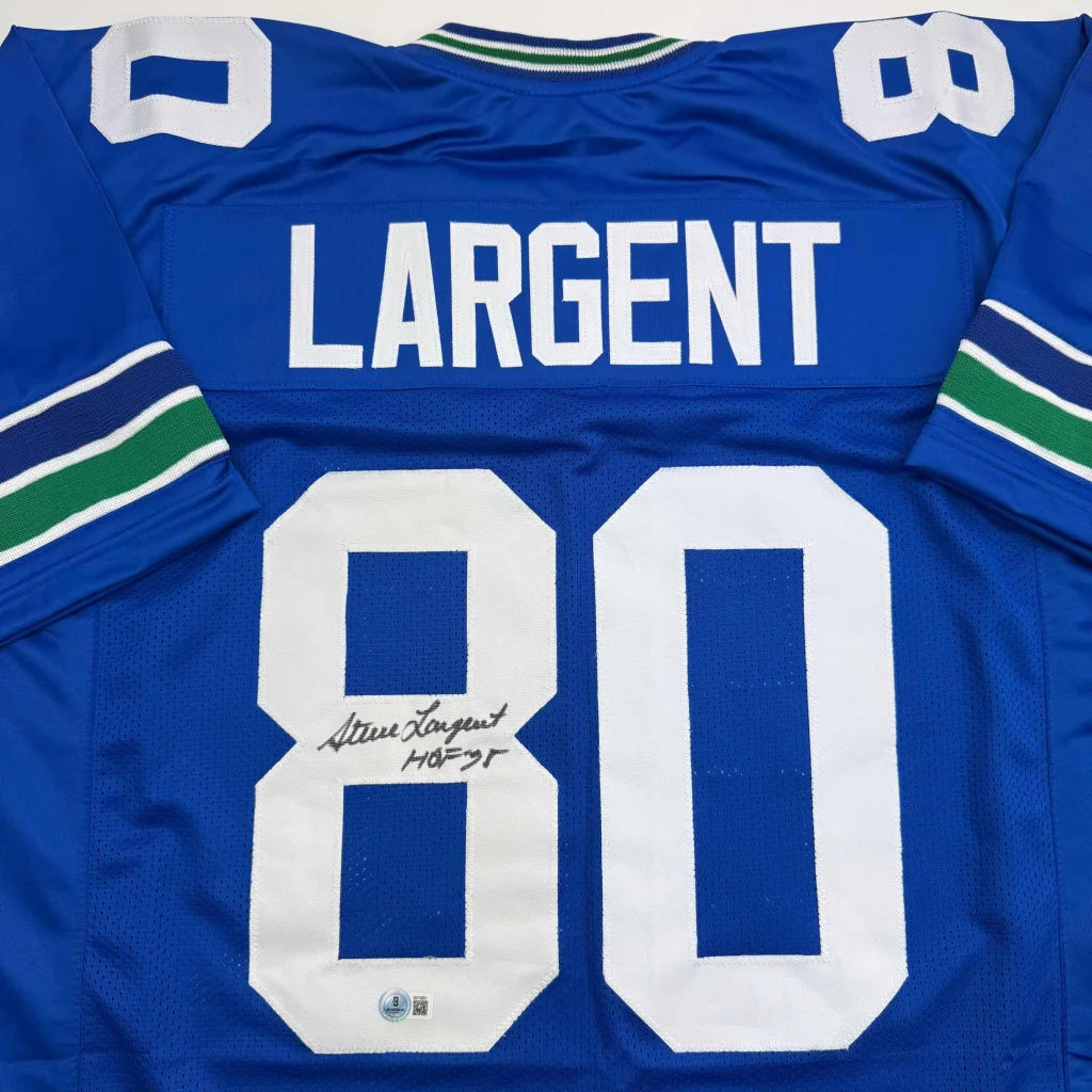 Back of autographed Steve Largent custom Vancouver Canucks jersey, pro sports league HOF 95