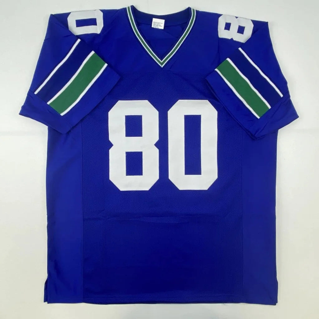 Blue custom sports jersey with white 80 and green striped sleeves, perfect for pro sports fans
