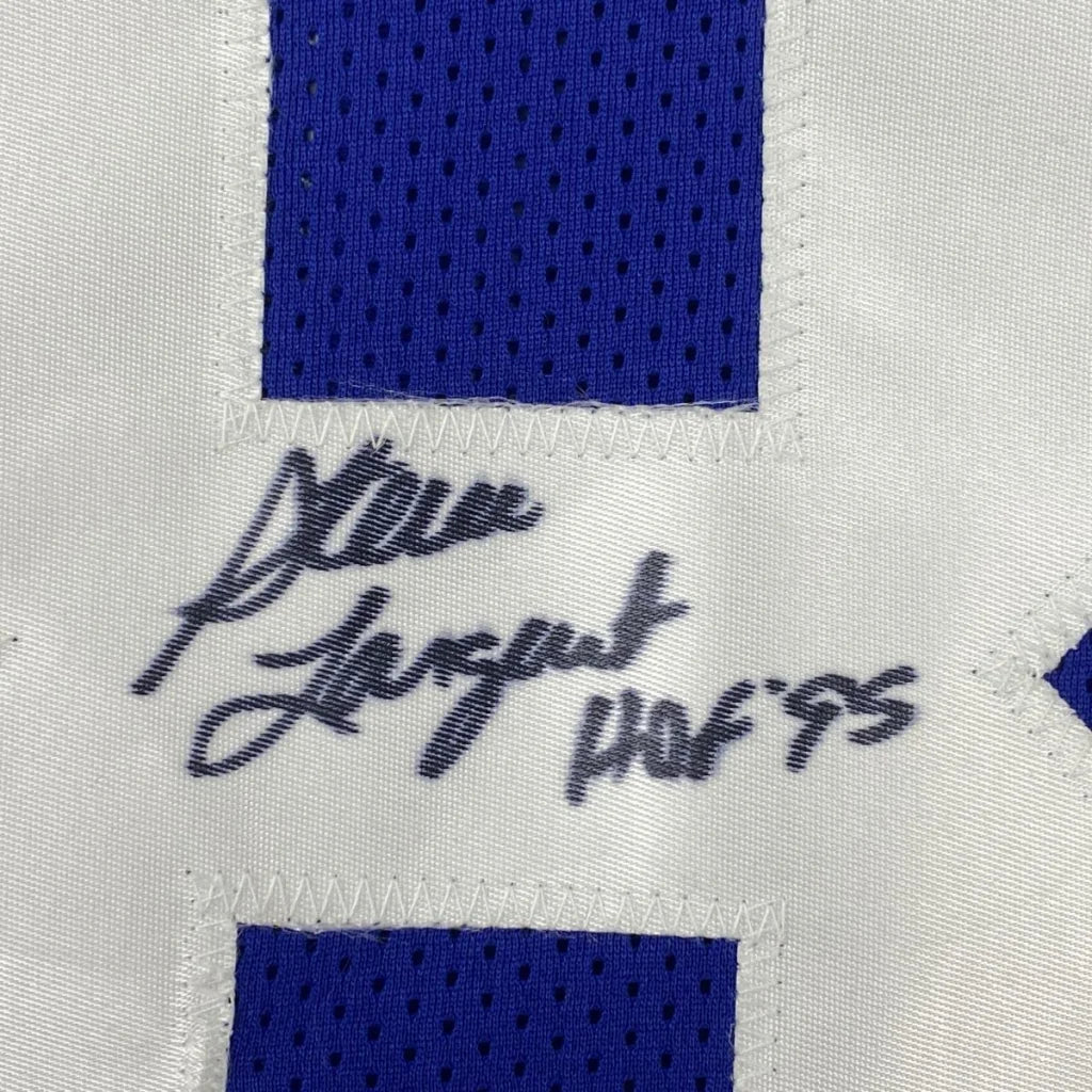 Autographed blue and white custom jersey from a professional sports league collectible
