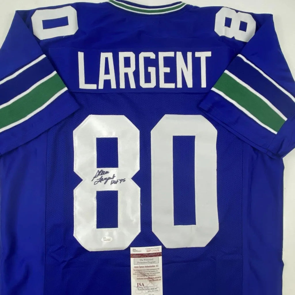 Royal blue custom jersey with white numbers, signature, and authentication sticker for professional sports fans