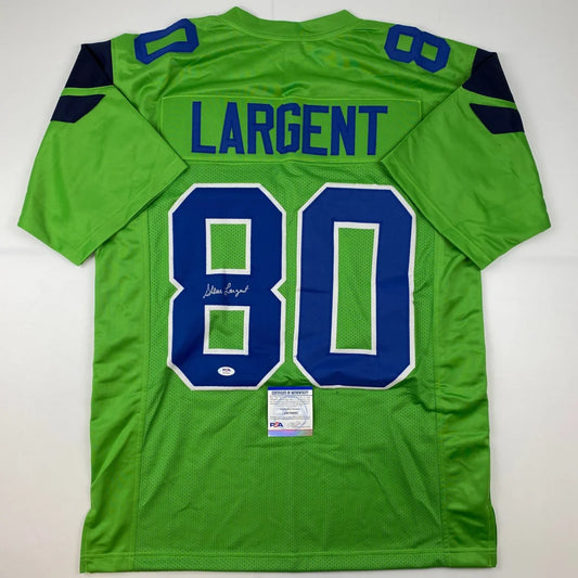 Autographed Steve Largent Seattle Seahawks #80 football jersey in professional sports league display