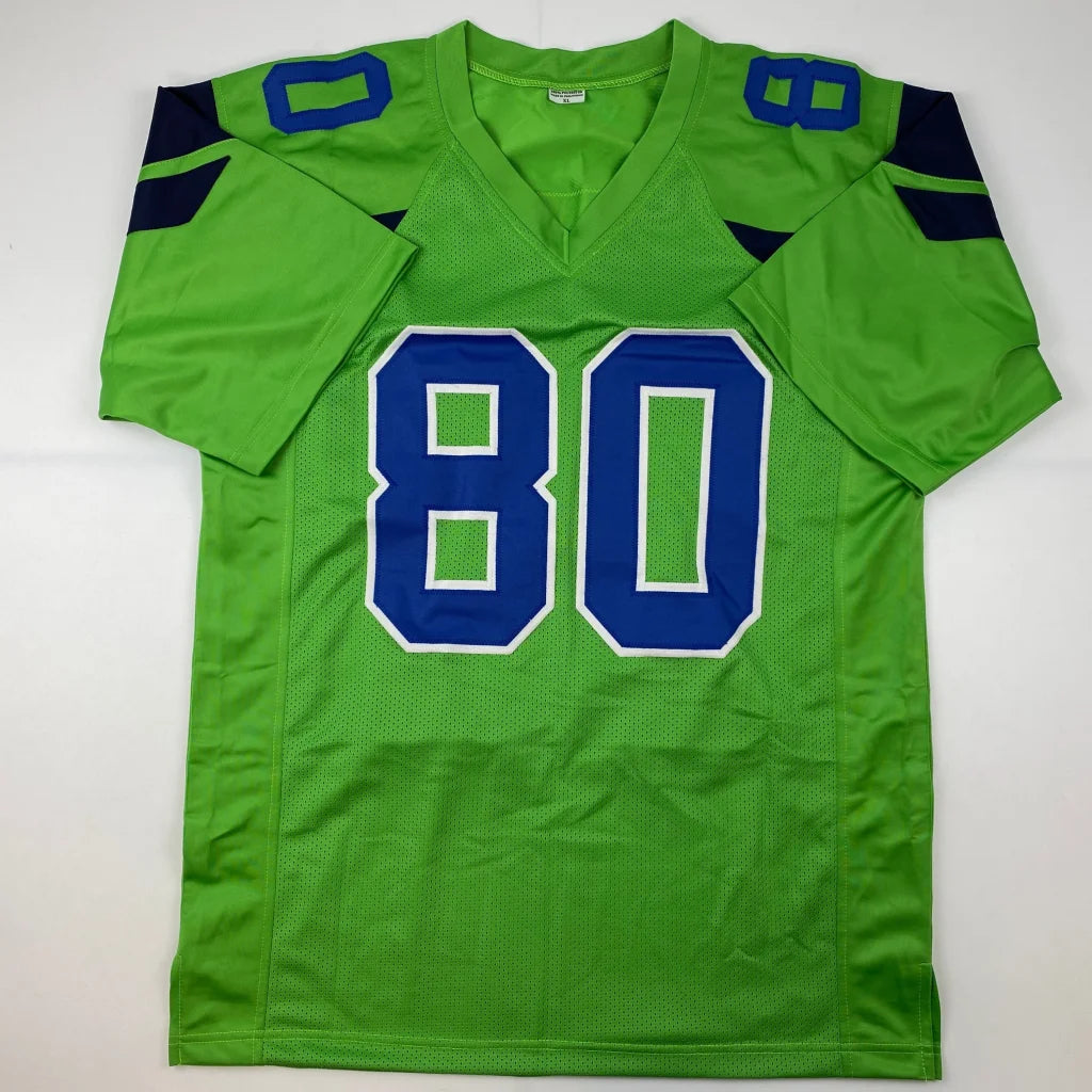 Bright green Steve Largent professional sports league jersey with navy blue 80 numbers