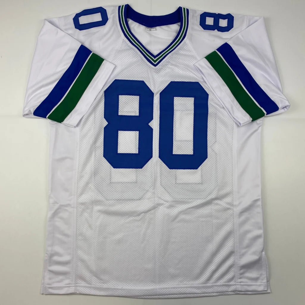 Autographed Steve Largent Seattle white custom jersey with 80, PSA/DNA COA