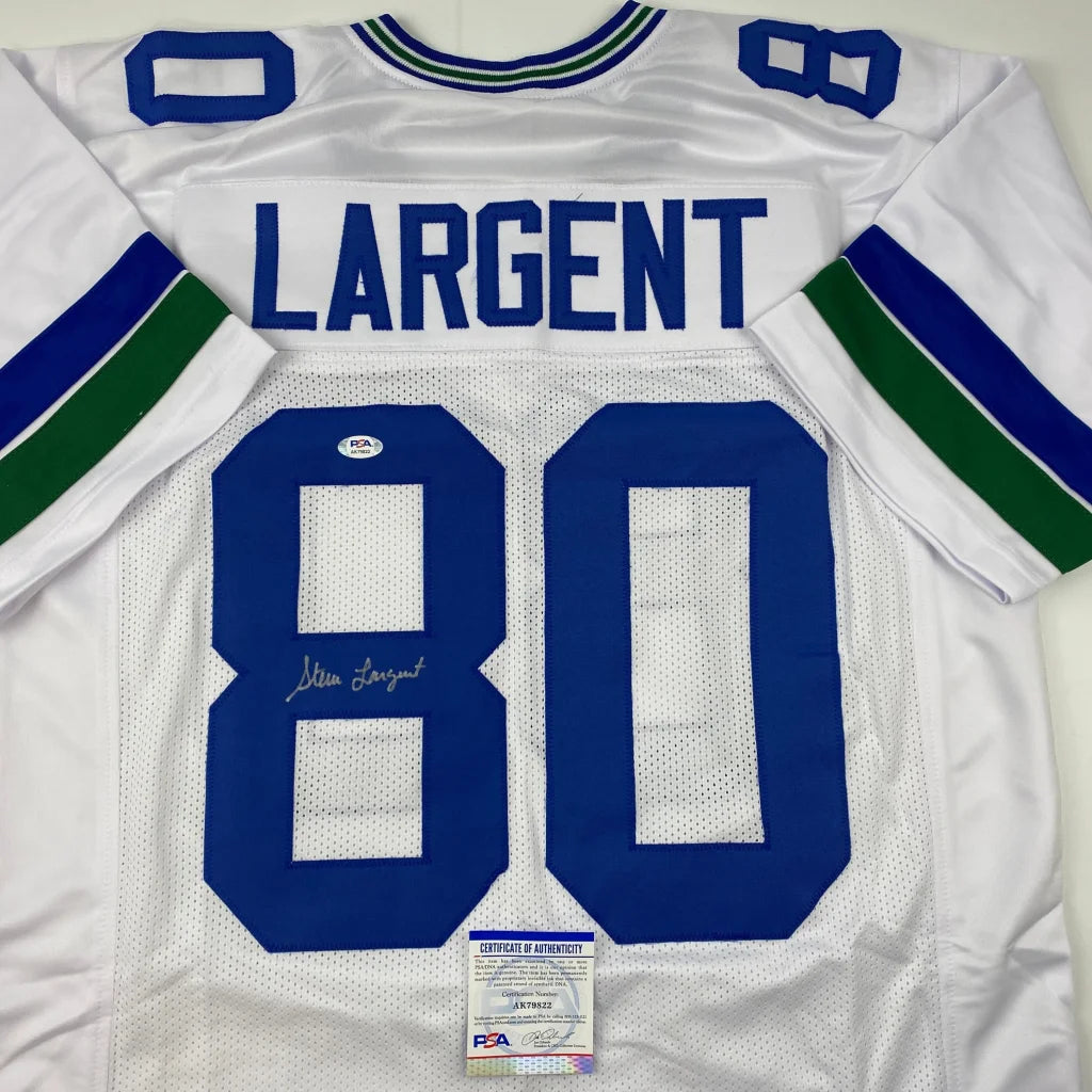Autographed Steve Largent white Seattle Seahawks custom jersey back, number 80
