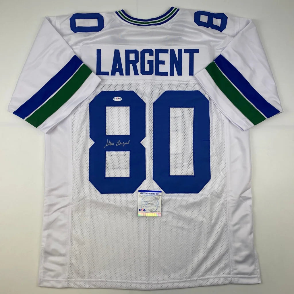 Autographed Steve Largent white Seattle Seahawks custom jersey back, number 80