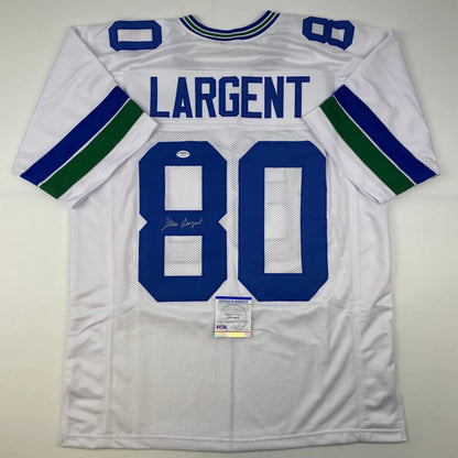 Autographed Steve Largent white Seattle Seahawks custom jersey back, number 80