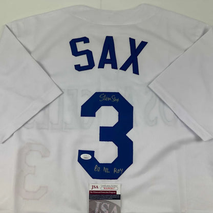 Autographed Steve Sax Los Angeles LA White Baseball Jersey JSA COA | Certified Authentic Signed Memorabilia | vintageantiquesgifts.com