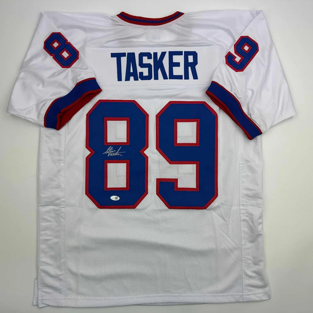 White custom jersey signed by Steve Tasker, sports league legend