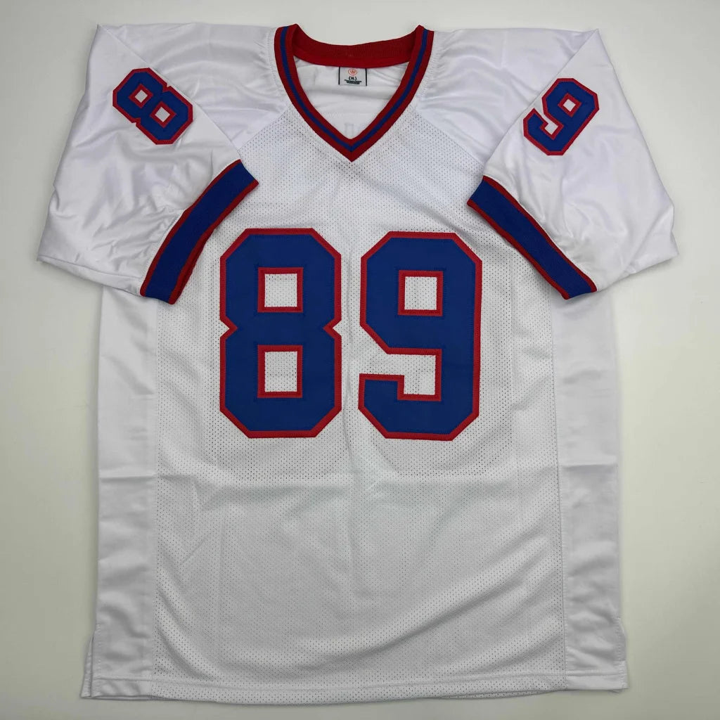 Custom Steve Tasker signed white jersey with blue red accents number 89